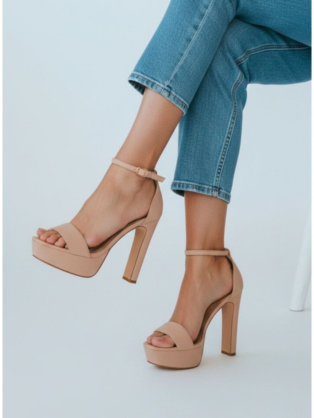 Nude Platform Block Heel Sandals With Ankle Strap